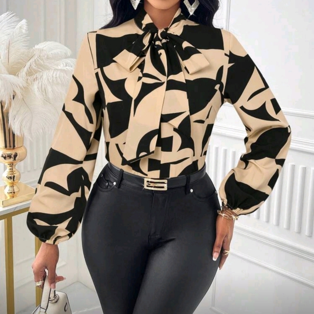 Elegant Abstract Print Neck Tie Top Blouse Shirt Black